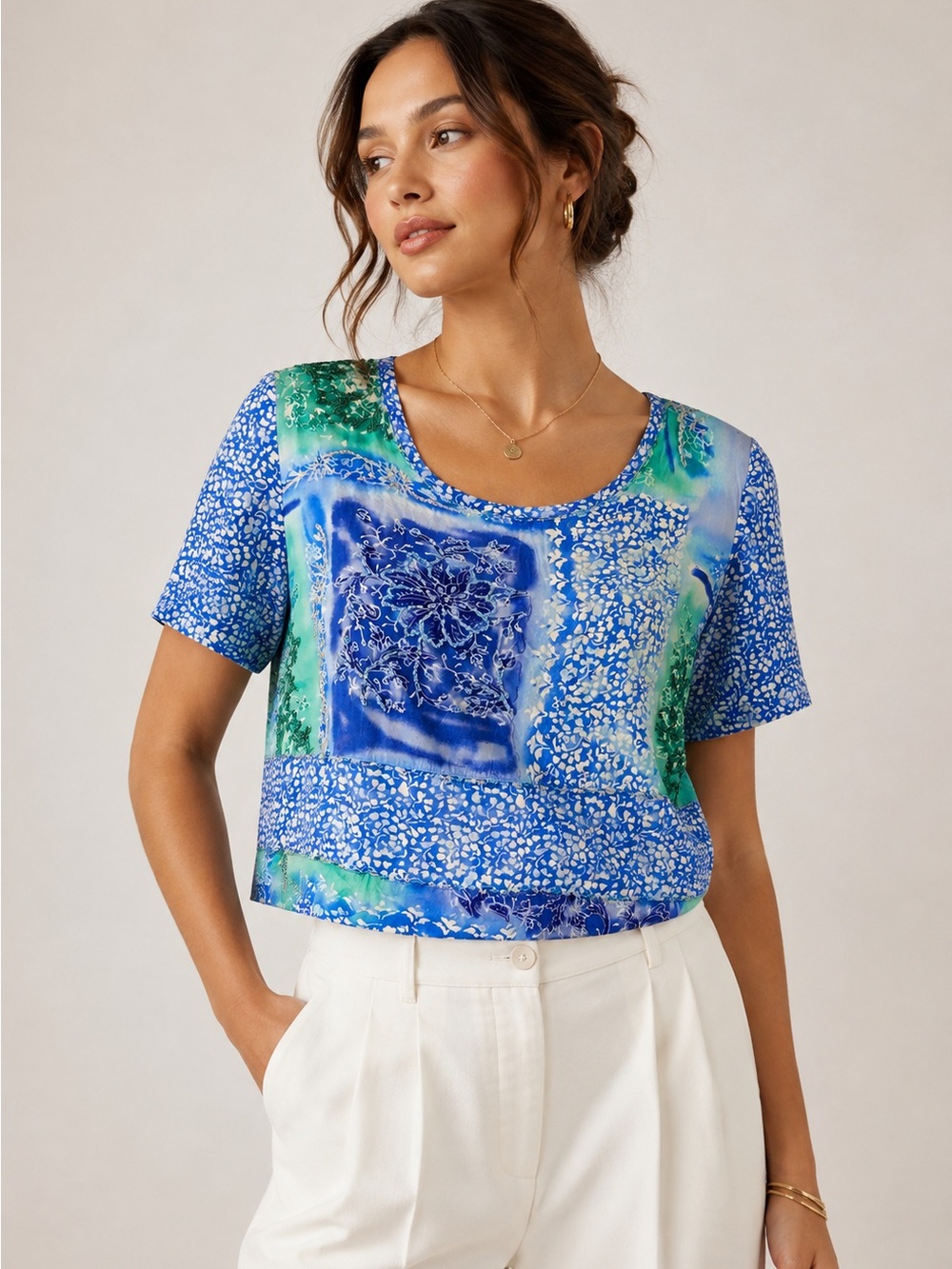 Paradiso Blue Green Patchwork Beaded Boho Blouse Size M